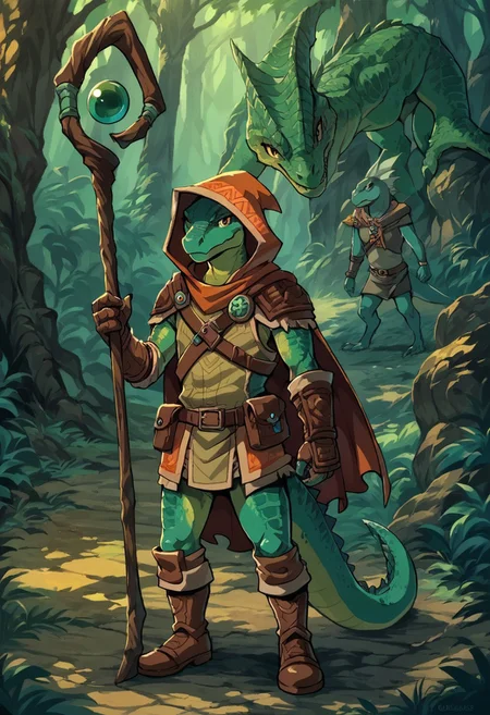 score_9, score_8_up, score_7_up, lizardman, wizard, Mayan themed, hood, cloak, staff, shoulder guard, shin guards, boots, gauntlets, gloves, kneepads, utility belt, druid