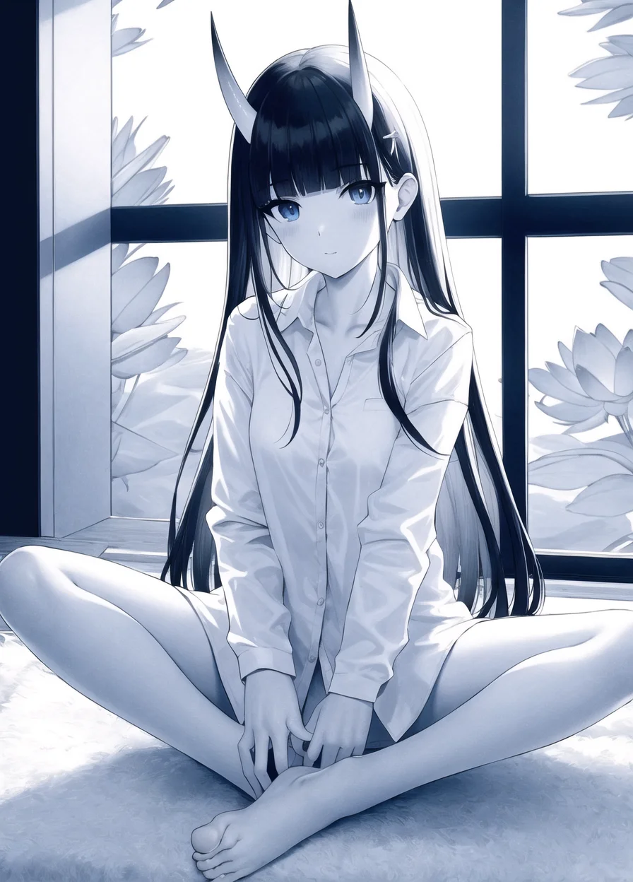 <lora:noshiro_SD1.5_v1.0:0.8>,noshiro_\(azur lane\), long_hair,straight hair,oni_horns,blue eyes,blunt bangs, naked shirt,white shirt, barefoot,lotus position,indoors,, masterpiece, best quality, high contrast,
