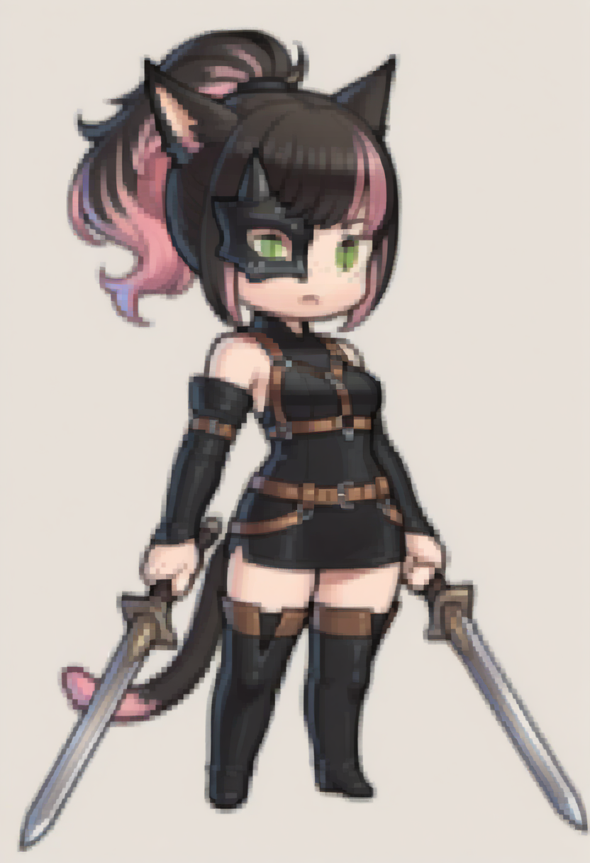 masterpiece, best quality, solo, 1girl, <lora:clamchan_illu:1> animal ears, black hair, pink hair, multicolored hair, ponytail, green eyes, slit pupils, freckles, cat tail, <lora:Feh-Sprites-illus_Fp:1> simple background, chibi, full body, half mask, leather harness, detached sleeves, thighhighs, dual wielding, holding sword