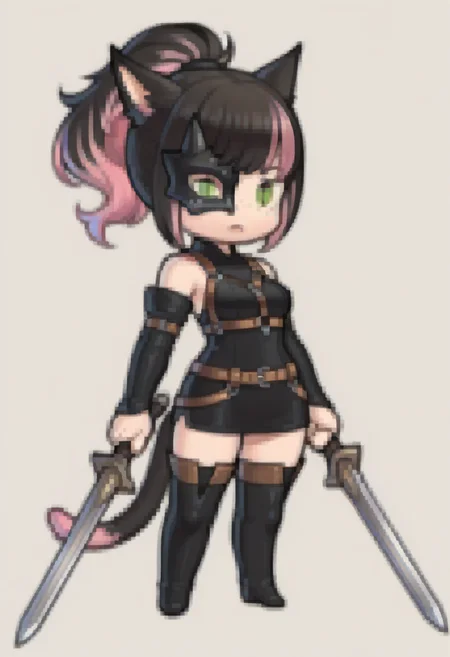 masterpiece, best quality, solo, 1girl, <lora:clamchan_illu:1> animal ears, black hair, pink hair, multicolored hair, ponytail, green eyes, slit pupils, freckles, cat tail, <lora:Feh-Sprites-illus_Fp:1> simple background, chibi, full body, half mask, leather harness, detached sleeves, thighhighs, dual wielding, holding sword