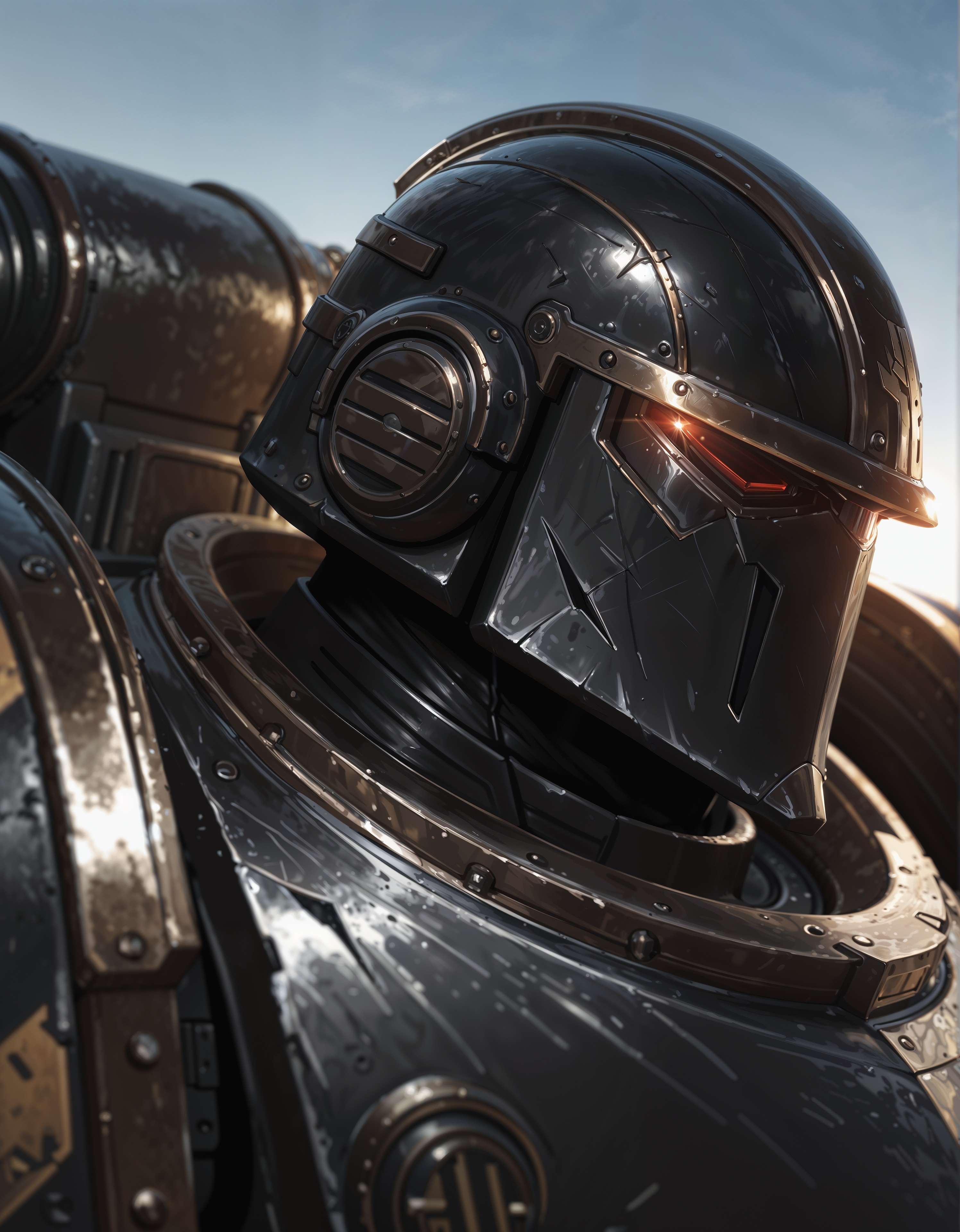masterpiece, best quality,high quality, newest, highres,8K,HDR,absurdres, IronW40k, 1boy, solo, helmet, power armor, close up, dutch angle, from_side,from_above, photorealistic <lora:ILLIronW40k:1>