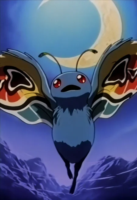 masterpiece, best quality, solo, looking at viewer, <lora:FeOVA_GLoRA-illus_Fp:1>, retro artstyle, <lora:Mothman-illus_Fp:1>, mothman, pokemon \(creature\), no humans, wings, red eyes, moon, open mouth,