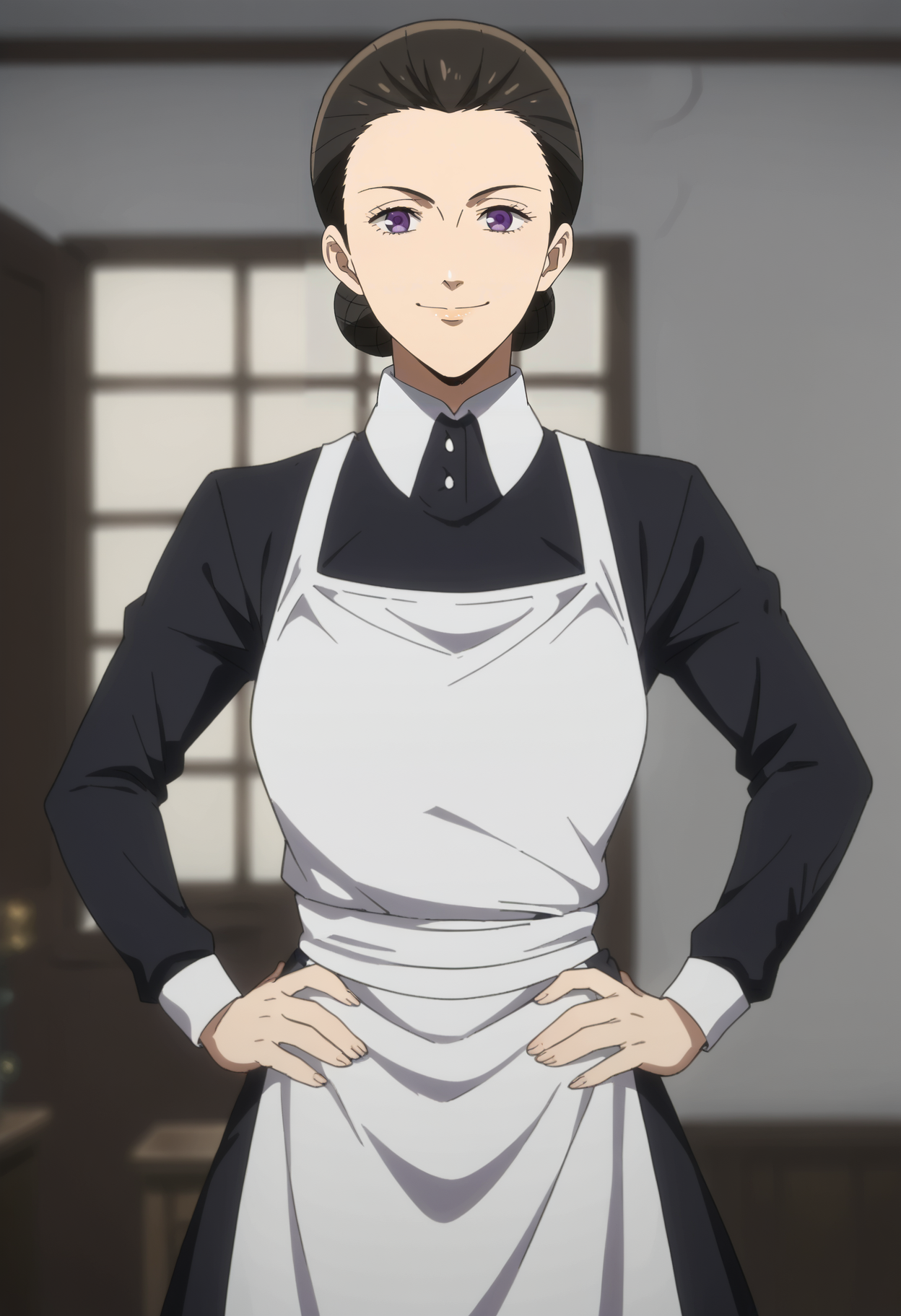 <lora:Isabella-The_Promised_Neverland:0.85>,isabella,mature female,1girl,solo,black hair,purple eyes,hair bun,
maid,cowboy shot, hands on own hips, looking at viewer, smile,indoors