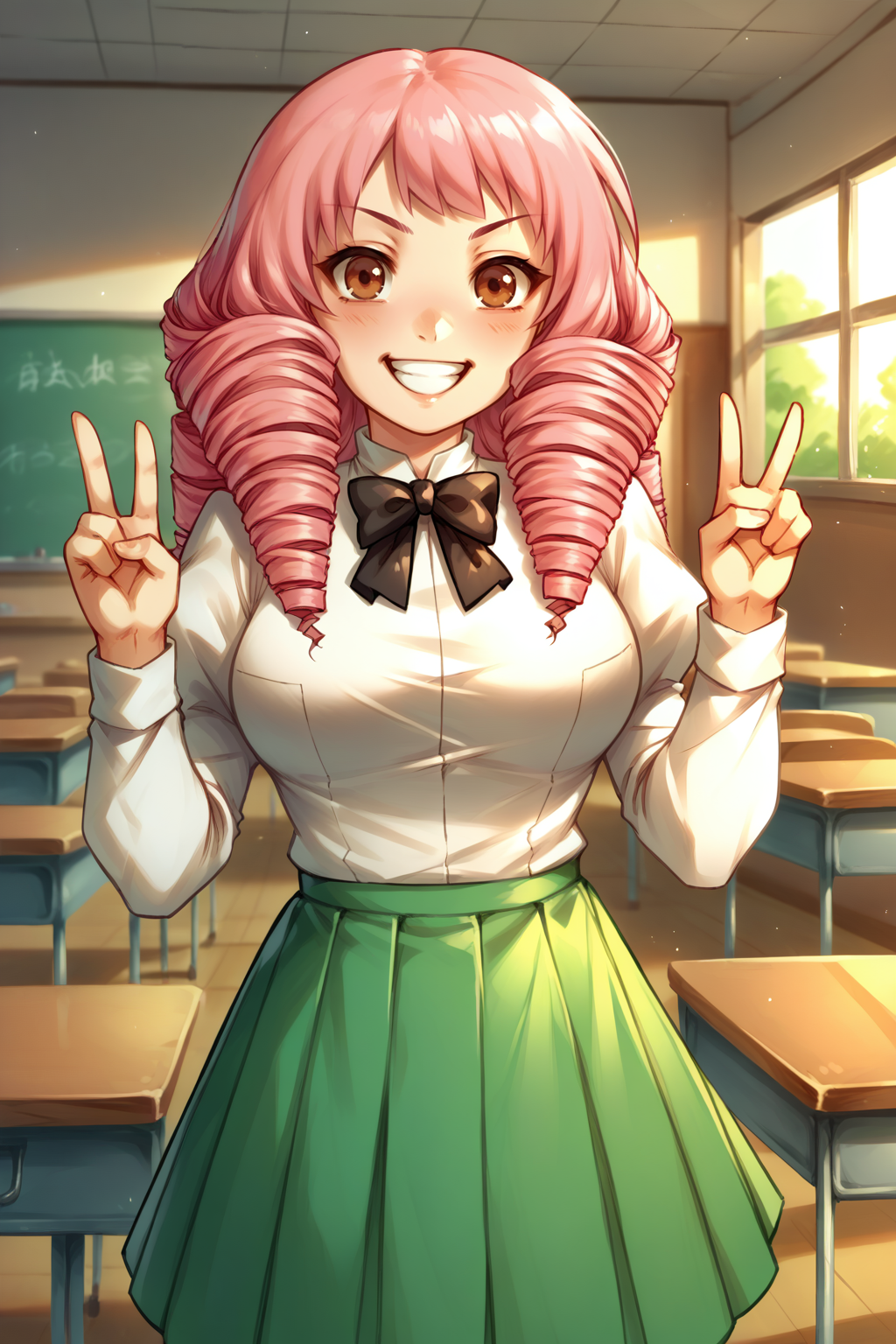 score_9, score_8_up,  <lora:NSMishaKatawa:1> NSMishaBase, brown eyes, pink hair, long hair, drill hair, twin drills, black bowtie, white collared shirt, puffy sleeves, long sleeves, green skirt, pleated skirt, v-sign, happy, indoors, classroom