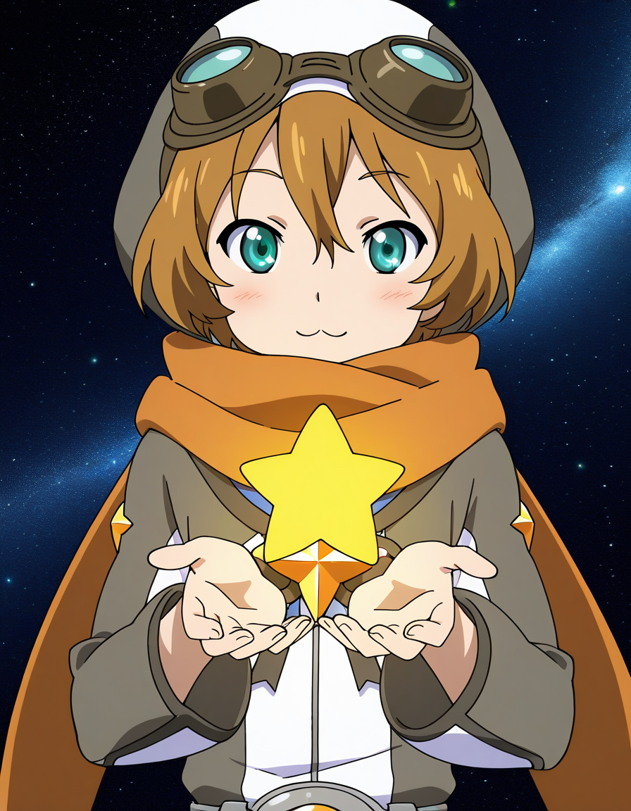 general,highres, ultra-detailed,very aesthetic,best quality ,best hands,  BREAK <lora:Elnath_Houkago_no_Pleiades_IS:1> Elnath(Pleiades), 1boy,solo, scarf, goggles, brown hair, goggles on head, short hair, aqua eyes, star (symbol), hat, anime coloring,
1girl, solo, space, :<, orange scarf, upper body, hood, looking at viewer, personification, 
smile,