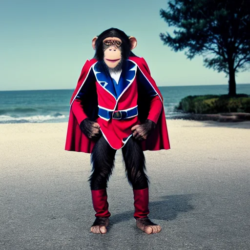 chimp man standing wearing a superhero suit at the beach