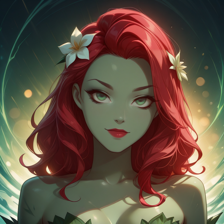 <lora:Kayden_Break_Eleceed:1>, <lora:Poison_Ivy_DC_comics_Batman_series:0.8>, poison ivy, (green skin:2), (red hair:2), wavy hair, hair flower, hair ornament, red lips, green eyes, long fingernails, medium breasts, makeup, 
(embarrassment:1.2), looking at viewer, portrait, 1girl, solo, 
masterpiece, best quality, 
<lora:Dramatic Lighting Slider:4>, bokeh, blurry background, <lora:RealisticAnimeIXL:0.4>, 8k, ultra quality