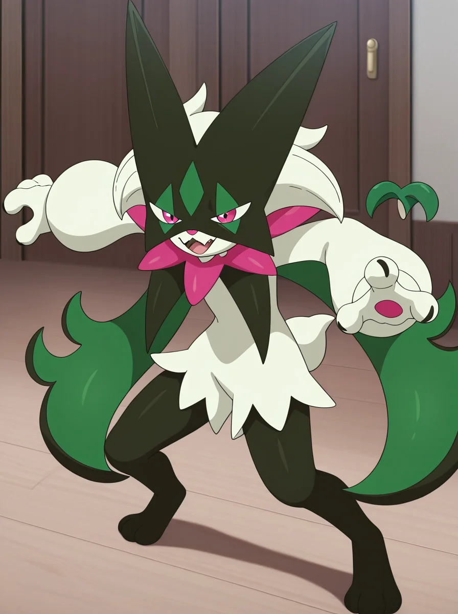 masterpiece, best quality, amazing quality, very aesthetic, absurdres, newest,  anime screenshot anime coloring, <lora:MeowscaradaIllust:1>masquernyaillust, pokemon (creature), furry, solo, no humans, smile, pink eyes  standing,  open mouth,   fangs happy  fighting stance,