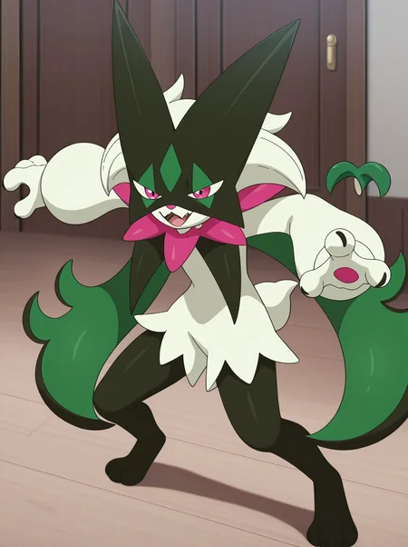 masterpiece, best quality, amazing quality, very aesthetic, absurdres, newest, anime screenshot anime coloring, <lora:MeowscaradaIllust:1>masquernyaillust, pokemon (creature), furry, solo, no humans, smile, pink eyes standing, open mouth, fangs happy fighting stance,