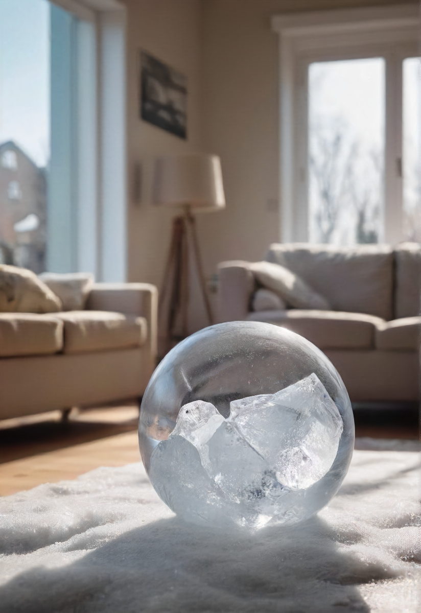a ball made out of ice and fail inside a cozy living room on a sunny day, detailed, high quality