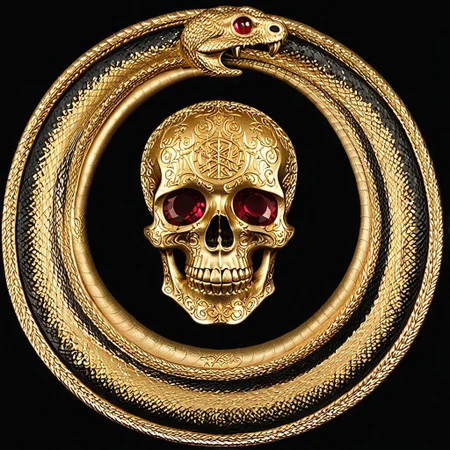 Black and gold medallion, a skull and crossbones symbol in the center of the medallion, skull_graphics, a black ouroboros on the outer edge of the medallion. the boarder around the medallion is a snake eating its tail, intricate engraved black background+, very detailed, high resolution. Red Rubies are used for the skull eyes. A green emerald is used for the snake’s eye.