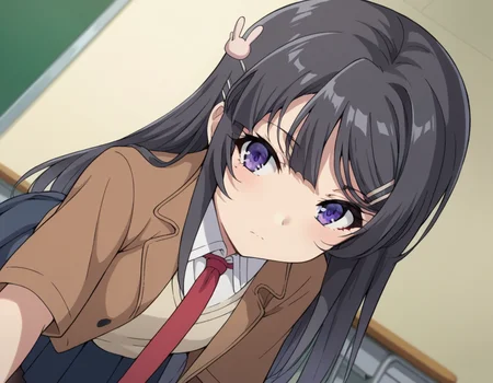 score_9, score_8_up, score_7_up, source_anime,
maisakurajima, <lora:mai-sakurajima-s1-ponyxl-lora-nochekaiser:1>
mai sakurajima, long hair, bangs, black hair, hair ornament, purple eyes, hairclip, rabbit hair ornament,
skirt, shirt, school uniform, white shirt, short sleeves, pantyhose, pleated skirt, collared shirt, blue skirt, black pantyhose, red necktie, jacket, brown jacket,
indoors, classroom, bent over,
looking at viewer, cowboy shot, dutch angle,