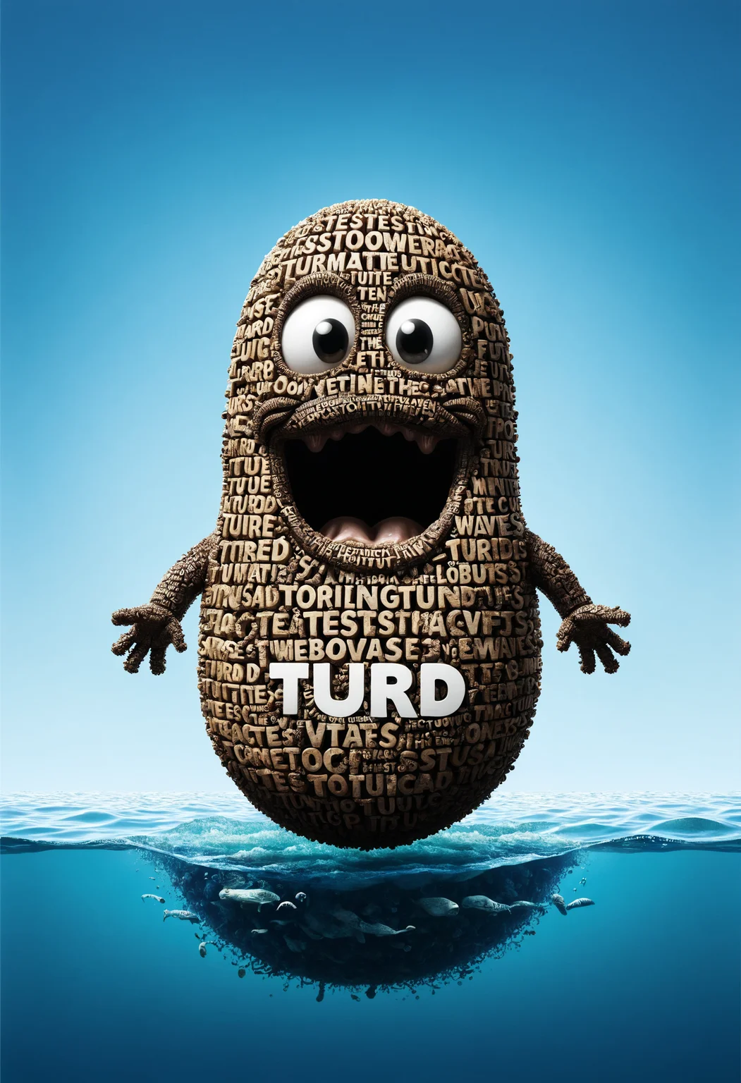 A turd floats up from beneath the waves, text logo "TURD" <lora:dvr-txt:1> dvr-txt