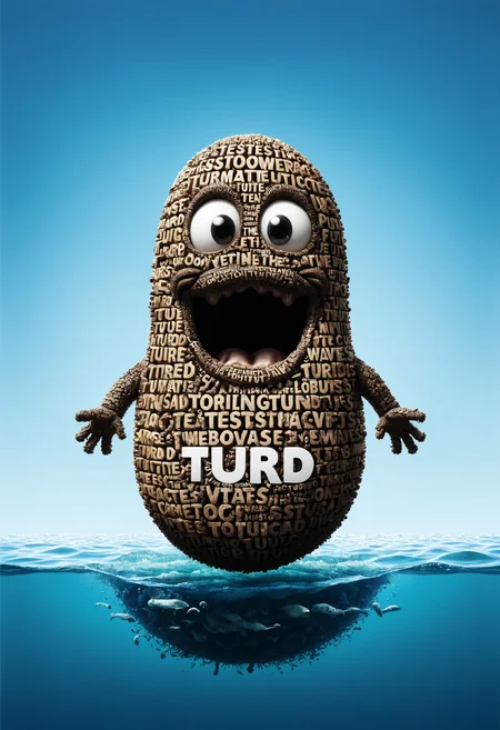 A turd floats up from beneath the waves, text logo "TURD" <lora:dvr-txt:1> dvr-txt