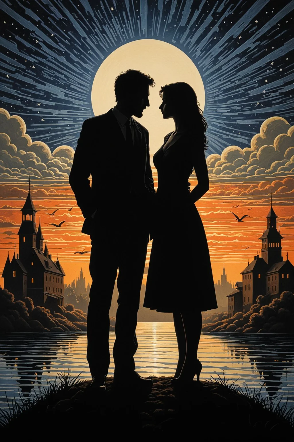 by Jacek Yerka and Emily Balivet in the style of C. R. W. Nevinson silhouette <lora:silhouette:3.00>