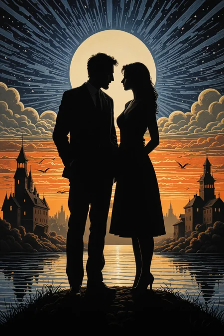 by Jacek Yerka and Emily Balivet in the style of C. R. W. Nevinson silhouette <lora:silhouette:3.00>