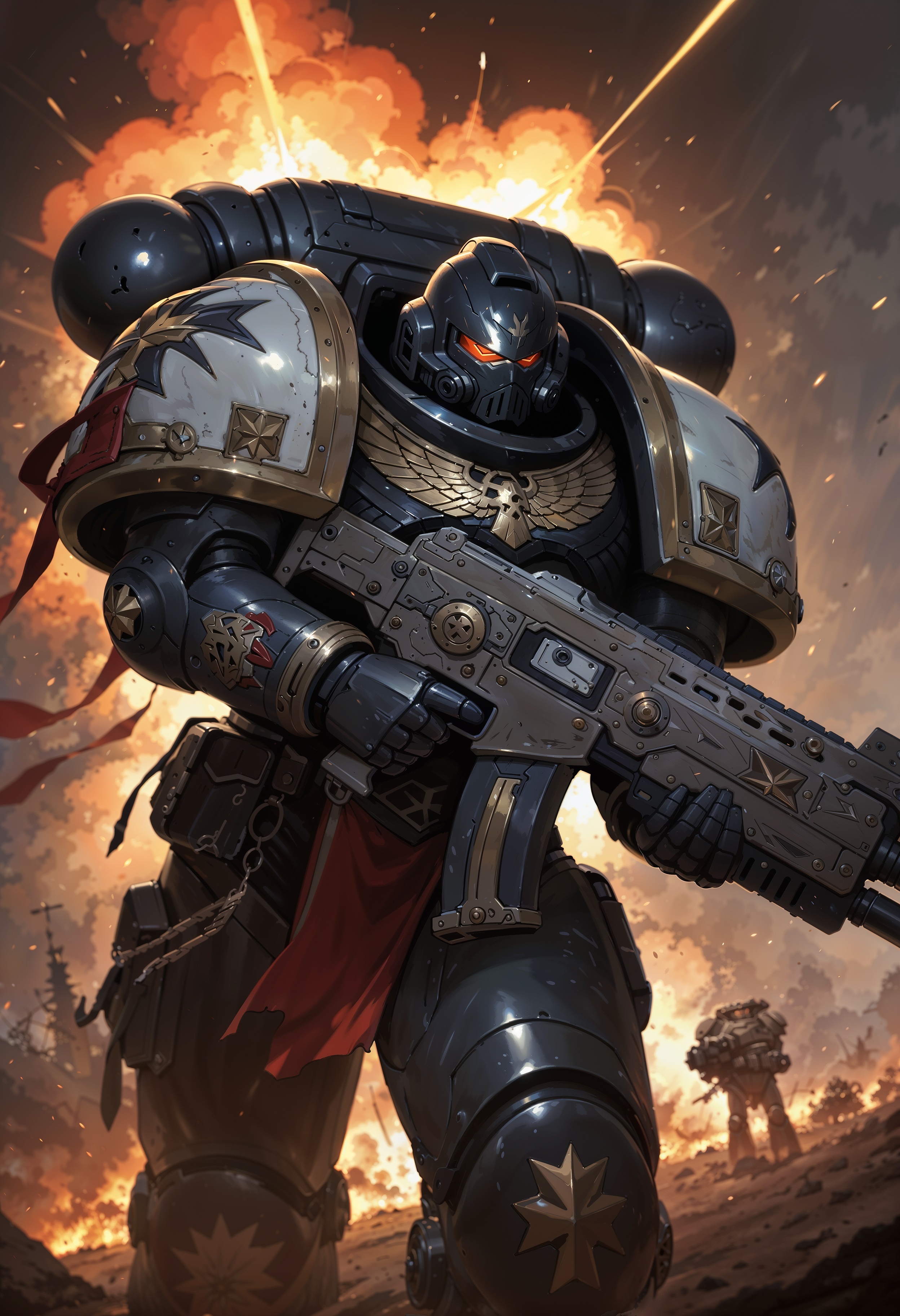 masterpiece, best quality, good quality, newest, highres, absurdres, volumetric lighting,gradient color,
BREAK
raytracing, volumetric lighting, ambient occlusion, background, masterpiece, best quality, very awa, absurdres,
BREAK
BlackT40k, 1boy, solo, detailed helmet, power armor,
BREAK
masterpiece,amazing quality,best quality,ultra-detailed,8K,illustration,CG,clear skin,ultra-detailed-eyes, background,
BREAK,
holding a bolter, in a burning battlefield, explosions, army in the background, spacecrafts in the sky, alien planet,
<lora:iLLBlackT40k:1>