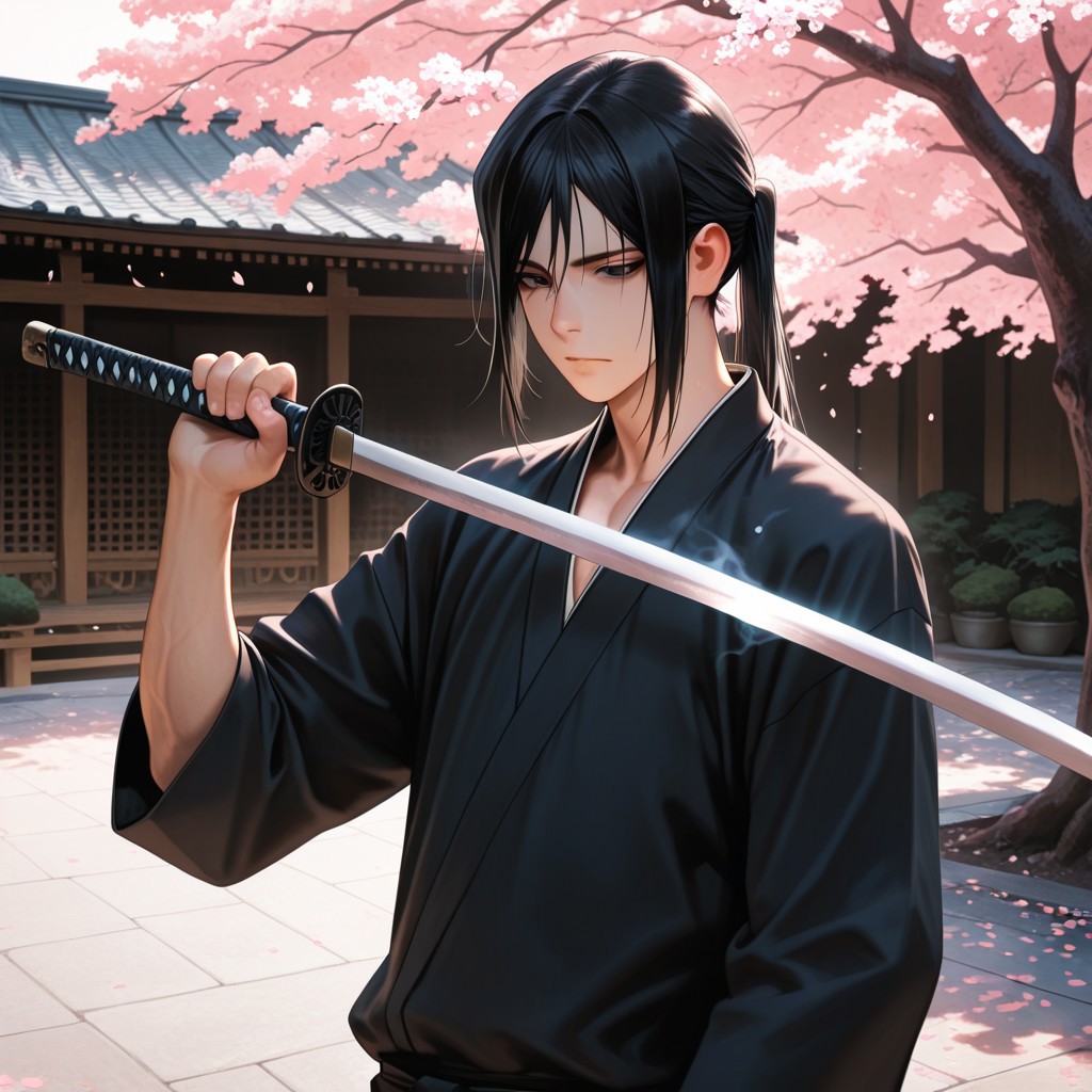 masterpiece, best quality, amazing quality, absurdres, newest, detailed background, definition so sharp, Ultra-HD, 8K cinematic, very awa, impressionate, amazing quality, highres, 
solo, male focus, manly, 
kurohyatogami, kuroh_black hair, kuroh_black eyes, 1boy, low tied hair, long hair, 
calm expression, gentle gaze, holding sword \(sheathed\), traditional japanese garden, cherry blossoms, soft lighting, peaceful, protective, serene, cool, warm aura
