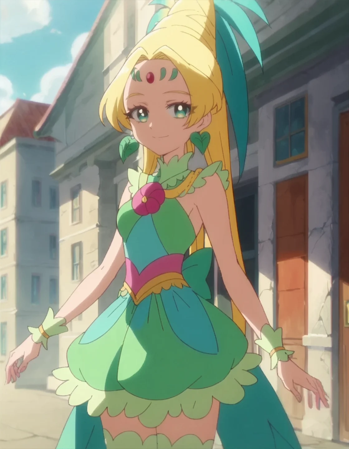 score_9, score_8_up, score_7_up, anime screencap, solo,1girl,cureoasis,jewelry, earrings, thighhighs, looking at viewer, smile, wrist cuffs,green skirt, dress, forehead mark, sleeveless,cowboy shot,medium breasts<lora:cureoasis:0.8>,