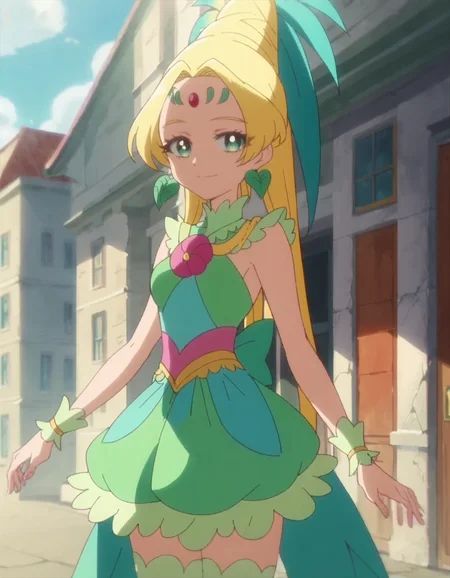 score_9, score_8_up, score_7_up, anime screencap, solo,1girl,cureoasis,jewelry, earrings, thighhighs, looking at viewer, smile, wrist cuffs,green skirt, dress, forehead mark, sleeveless,cowboy shot,medium breasts<lora:cureoasis:0.8>,