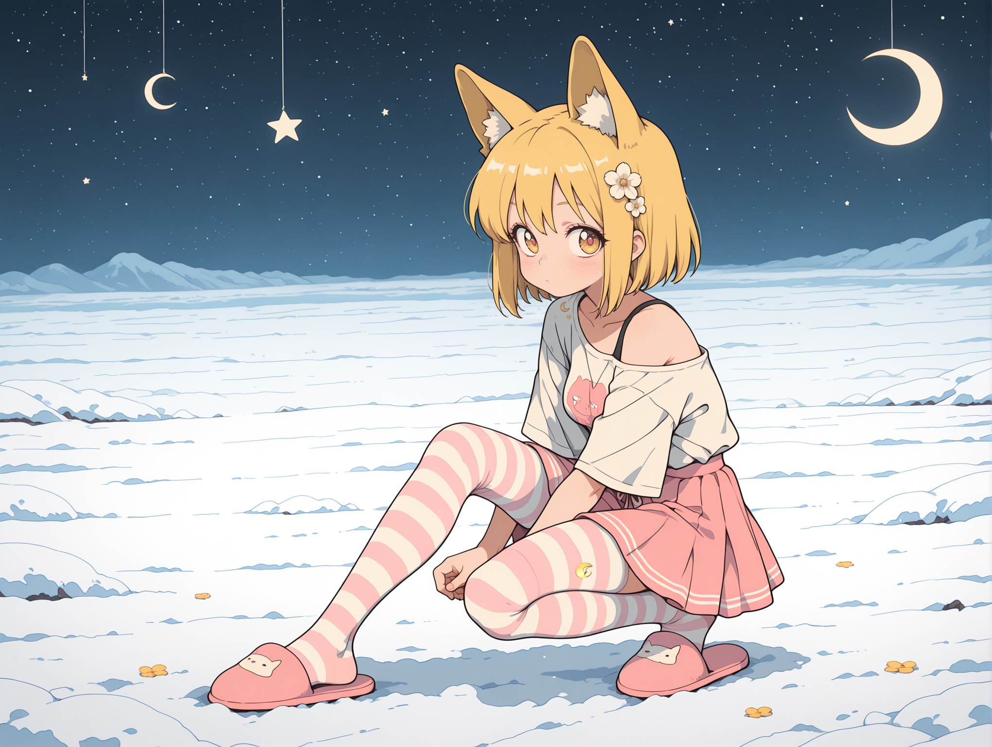 masterpiece,best quality,amazing quality, solo, character focus, outlines, flat color, Vintage, 1990s \(style\), 
 dramatic lighting,           
1girl,   soft Yellow hair,    young,  medium breasts, slippers,  striped tights, short hair, animal ears, wolf ears, flower in hair,      proud, solo, 
balanced on one foot,  
elaborate print,    multicolored clothes, split colors, off shoulder,       
 skirt, shirt,
sfw,  
exterior, snowfield, distant falling star, crescent moon sky, 
 <lora:add-detail-xl:2> <lora:Detailer_NoobAI_Incrs_v1:1> <lora:feet_anime_il_v3:1> <lora:hand 5.5:1> <lora:anime_screencap-Illustrious:0.4> <lora:S4bit4mago:1> S4bit4mago_illu, <lora:OldAnimeStyle_XL_v3:0.2> <lora:re4lity:0.3> re4lity_sync_illu  <lora:MJPA:0.2> MJPA <lora:NijijourneyNoob_byKonan:0.6>