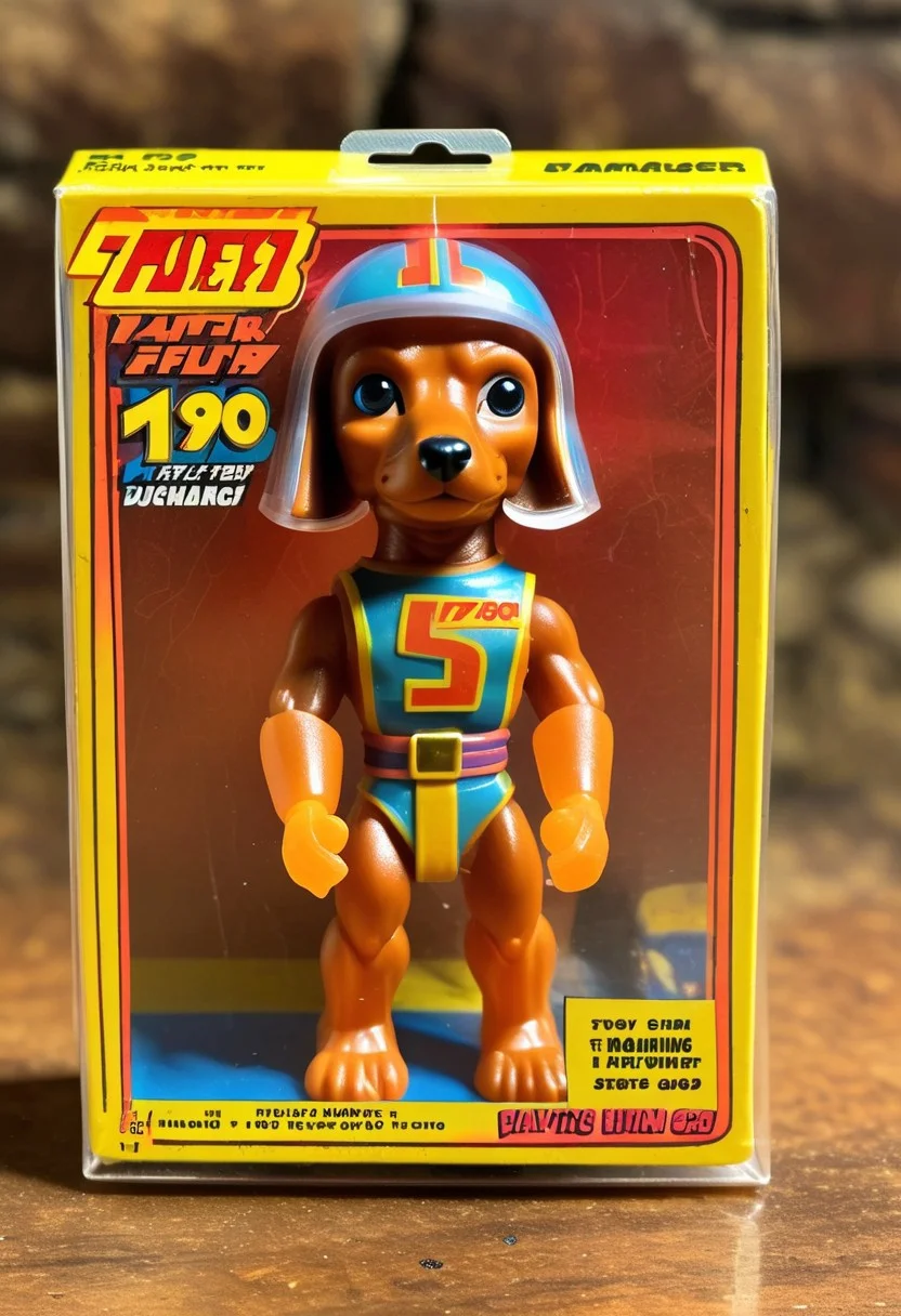 <lora:1987 Action Figure Playset Packaging:1>1987 Action Figure Playset Packaging - A product photo of a 1970s japanese toy translucent dachshund fighter figure in front of packaging