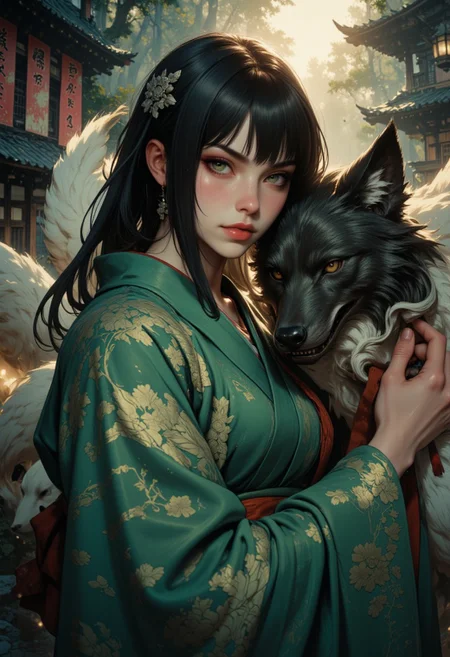 a fantasy character in a dramatic pose. The character is a woman with pale skin and long black hair, styled with bangs. She is wearing a vibrant green kimono with intricate patterns, and her lips are painted a striking red. She holds a wolf mask partially covering her face, adding an air of mystery. Behind her, large wolf tails are visible, suggesting a mythical or supernatural theme. The background is a misty, atmospheric setting with a traditional Japanese torii gate and a glowing lantern, enhancing the mystical ambiance.
Golden Hour