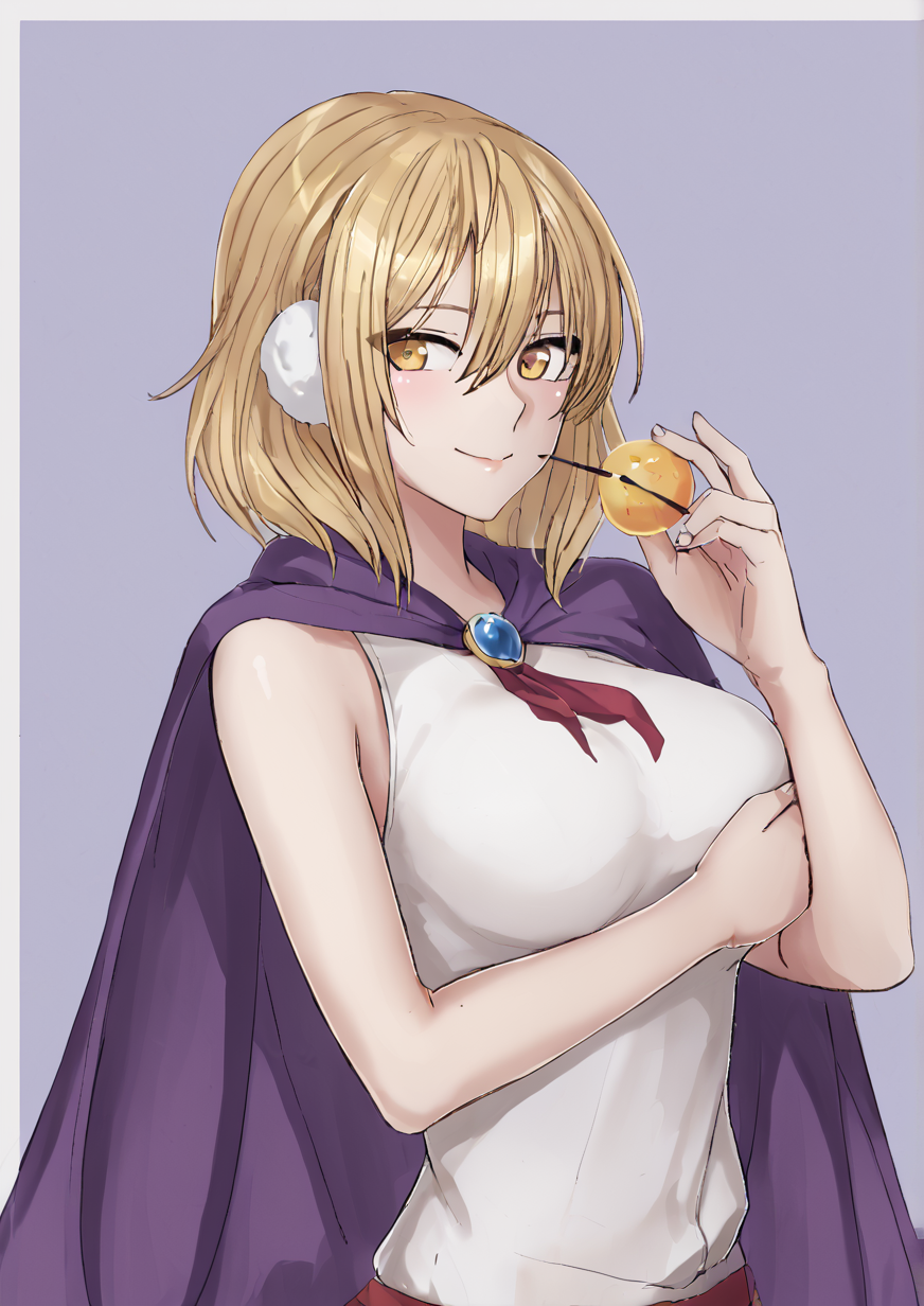 1girl, toyosatomimi no miko, huge breast, blonde hair, cape, closed mouth, dated, earmuffs, hair between eyes, holding baton, light smile, medium hair, one-hour drawing challenge, painting (medium), pointy hair, purple cape, shirt, sleeveless, sleeveless shirt, solo, traditional media, upper body, watercolor (medium), white shirt, yellow eyes, handfixer <lora:HandFixer_pdxl_Incrs_v1:1> <lora:å¤é²JeaiKe:1>