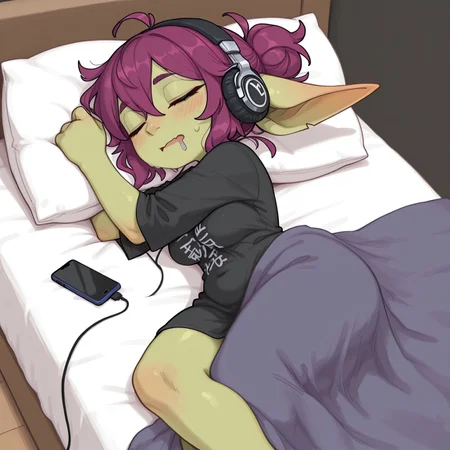 masterpiece, best quality, amazing quality, very aesthetic, absurdres, newest, k3monogo, Art Nouveau Fashion illustration,
BREAK,
1girl, solo, goblin girl, short stature, shortstack, chubby, medium breasts, green skin, black shirt, no sleeves, oversized shirt, long pointed ears, lying on side, asleep, drooling, headphones, listening to music, phone, messy hair, short purple hair, closed eyes,
BREAK, blanket wrinkles, vibrant colors, relaxing mood, comfortable room, fluffy pillow, modern casual bedroom, cozy atmosphere, detailed background, deep contrast, limited color palette, high contrast black, dramatic composition,