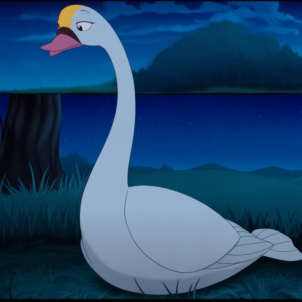 tongue, night sky, letterboxed, yellow spot on head, night, tree, odette, purple eyes, feathered, blurry, white swan, sky, meme, cloud, grass, no humans, outdoors, ripples, starry sky, blue eyes, closed mouth, fish, full body