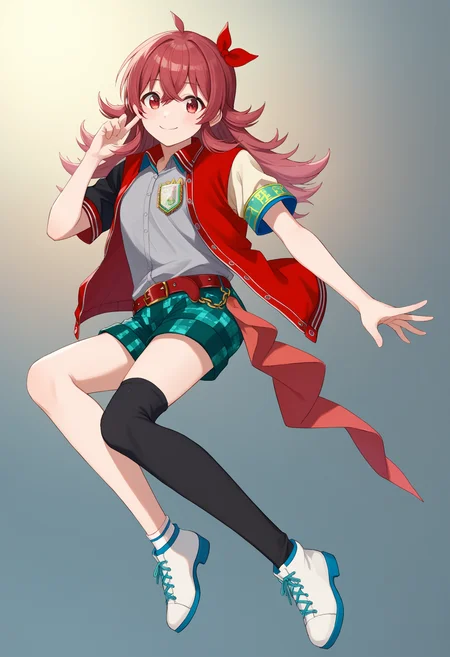 score_9, score_8_up, score_7_up, source_anime,
BREAK
1girl, solo,
<lora:shiKomiyaKahoV1:1.0>,
shikomiyaproidol, long hair, red hair, red eyes, hair between eyes, ahoge, red ribbon, hair ribbon, hair bow,
short sleeves, grey shirt,
red jacket, letterman jacket, open clothes, multicolored clothes, armband, asymmetrical sleeves,
green shorts, plaid, belt,
single sock, black thighhighs, asymmetrical legwear, mismatched legwear, uneven legwear,
white footwear, shoes,
looking at viewer, smile,