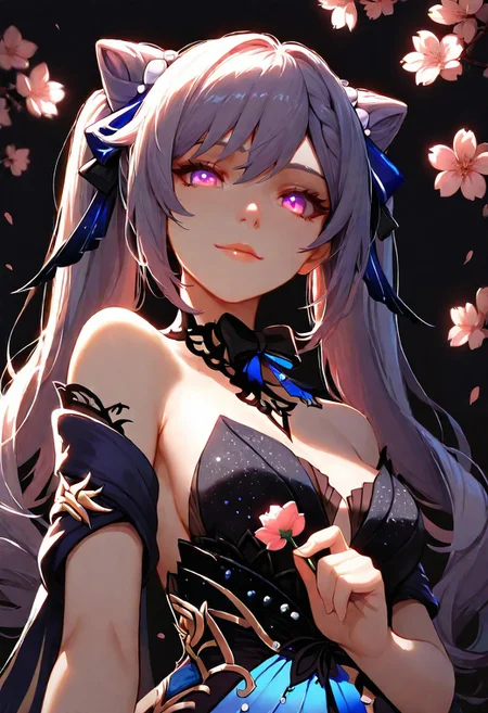 1girl, Keqing Genshin Impact, Opulent Splendor, glowing eyes, lips, thin lips, solo, looking at viewer, charming smile, holding flower, chupa chups, upper body, from below, back lighting, dark, multicolored background, masterpiece, cherry blossom, best quality, very aesthetic