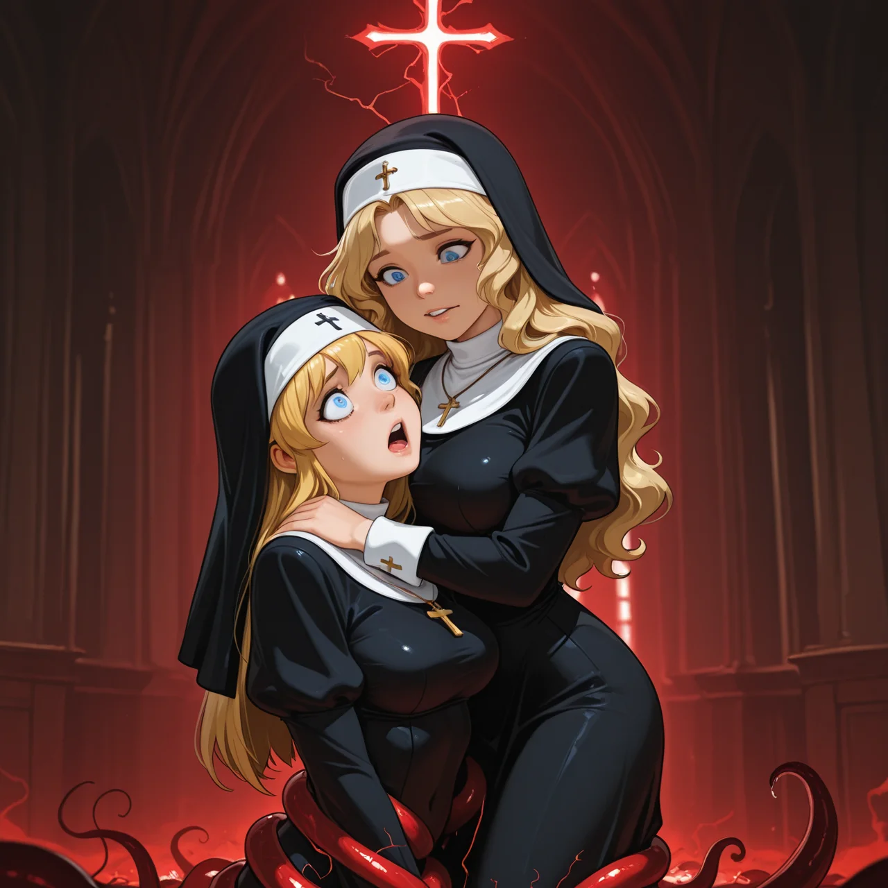 2girls, hug, church, blonde hair, long hair, wavy hair, cross necklace,
the church is lit with a strange red glow that pervades the sanctity of the place and oozes into the souls of those within its chapel.
1girl, nun, blue eyes, habit, wimple, (red fog:1.1), (tentacles:0.8), wide eyes, disheveled, gasp, convulsing, red energy flowing into her body, red lightning shocking head, medium breasts, 
 <lora:DarkfireStyle07:1>