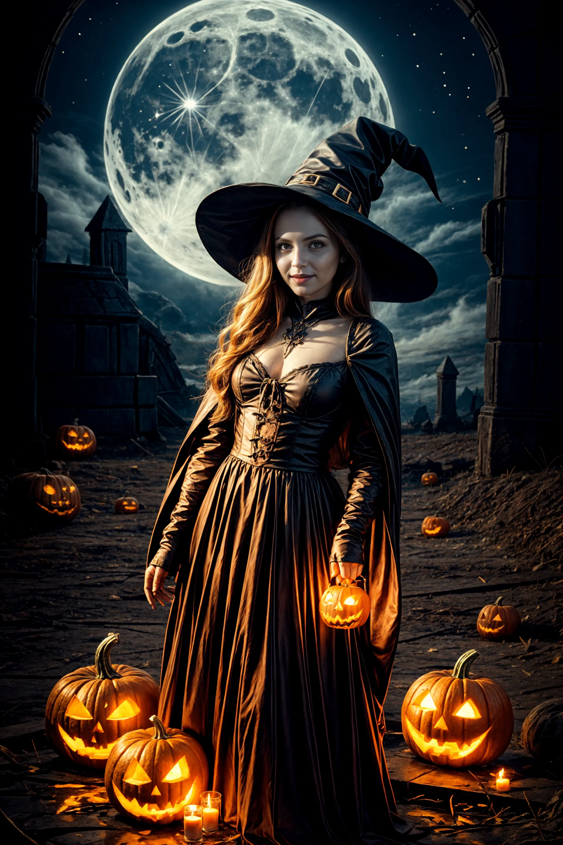 (pretty beautiful witch magician woman), (young), (Halloween pumpkins, jack-o-lantern), (bats), (moon), flames, lava, close-up portrait, (standing), happy smiling, bright fire, red eyes, red lips,  Columbia Green magician clothes, (skull:1.2), ruins, city buildings destroyed,(very detailed), best quality,  smoke, tomb, cross, fire explosion, dirty puddle, sharp focus, natural light, backlight, shadows, high contrast, hdr,  reflections,  <lora:Detail Tweaker LoRA add_detail:0.7>  <lora:depth_of_field_slider_v1:5> <lora:SDXLrender_v2.0:0.9>  <lora:RPGWitch:0.2>  <lora:magician_beta_1:0.4> , using fire spell, ((jack-o-lantern in hand))