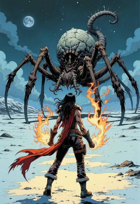 A comic book-style scene set on an open, snow-covered, post-apocalyptic plain at night. An African female mage, seen from behind, knees bent with one foot in front of the other in a stance as if about to leap forward. Her medium-length black hair flows back, framing her rugged, focused face. Muscular arms emit fiery magic, flames rippling from her skin and casting an orange glow across the snowy landscape. She wears heavy, sleeveless armor with a furry collar, a loose red scarf trailing behind her, rugged pants tucked into combat boots, and an armored shirt under her jacket. Her raised clenched fists are held in front, her entire body braced with tense anticipation.
Facing her on the snowy plain is a towering headless grotesque monster. Its torso is a tangle of tentacle appendages, crawling on the ground on spiderlike bony legs. A tentacle is curling outward in an eerie, probing gesture. Moonlight reflects off its slick, mutated skin, giving it an otherworldly glow.
Snow swirls between them, catching the mage’s fiery light, contrasting against the cold, pale blues of the empty plain. The open landscape amplifies the feeling of isolation and impending conflict, as if everything holds still, awaiting their clash.