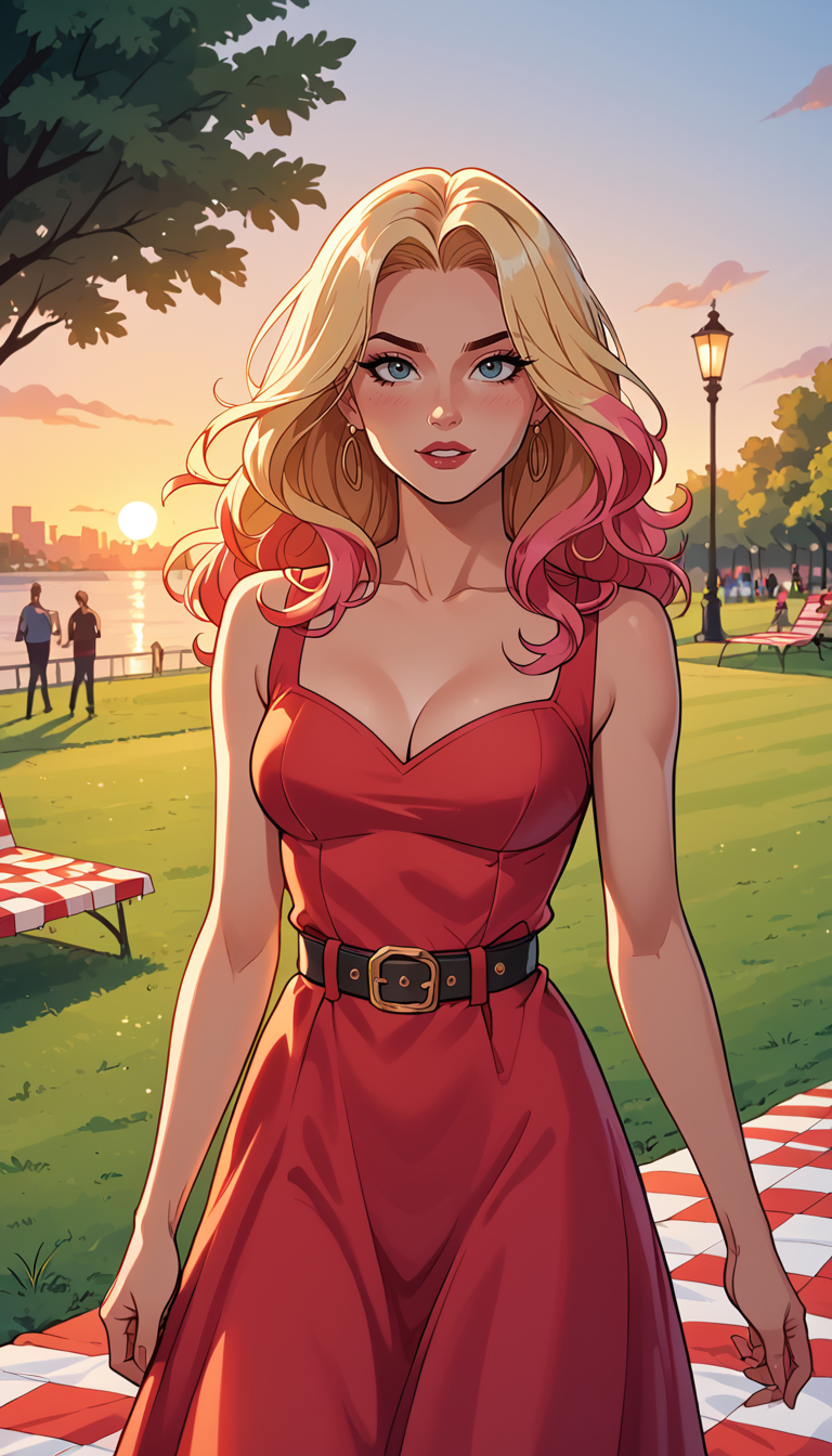 score_9, score_8_up, score_7_up, (Western Comics), girl, cute, seductive, innocent, large belt, coloured hair, floating hair, small tits, flirting, high detailed dress, (Picnic atmosfere), (public park), (sunset), (Cowboy shoot photo), (depth of field), (dynamic angle), (ultra detailed, high quality texture), (sharp), (artistic image)
