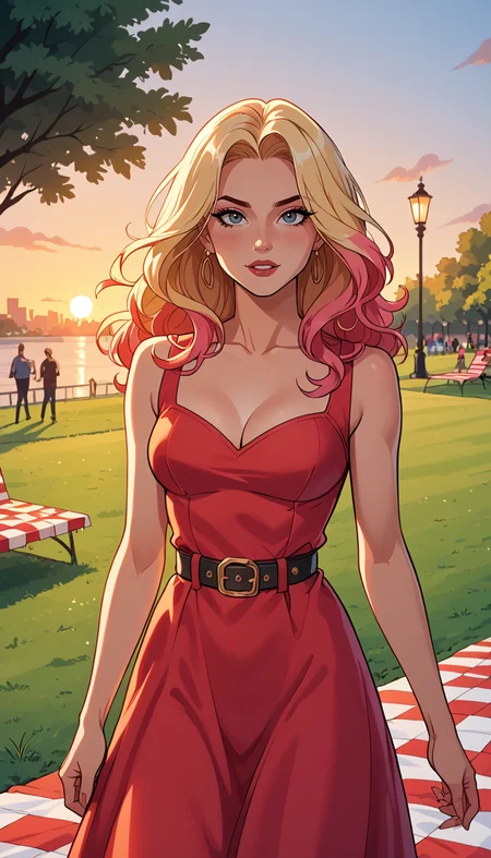 score_9, score_8_up, score_7_up, (Western Comics), girl, cute, seductive, innocent, large belt, coloured hair, floating hair, small tits, flirting, high detailed dress, (Picnic atmosfere), (public park), (sunset), (Cowboy shoot photo), (depth of field), (dynamic angle), (ultra detailed, high quality texture), (sharp), (artistic image)