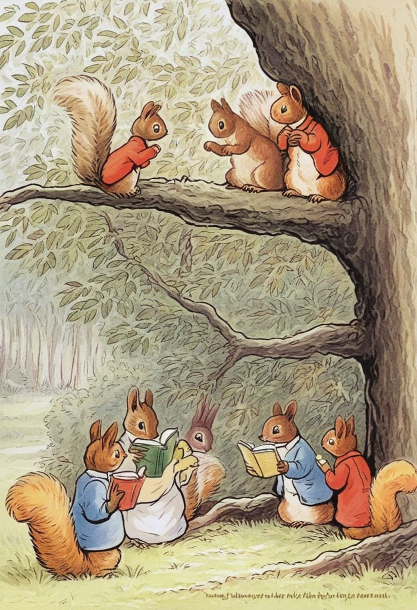 Score_9,  drawing,  in the style of Beatrix Potter,  squirrels attending school from a tree banch, shirt, books, animal students