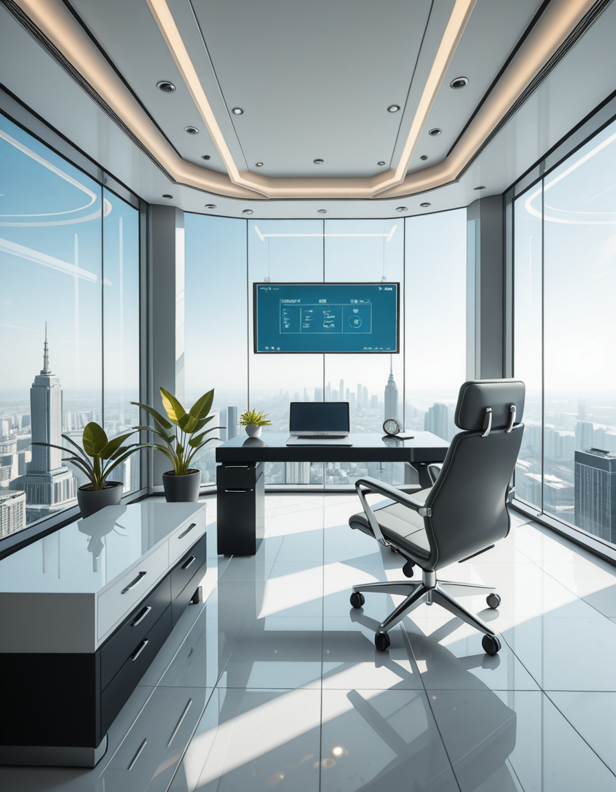 A modern, luxurious executive secretary's office located at the top floor of a futuristic skyscraper. The office has floor-to-ceiling glass walls offering a breathtaking panoramic view of a bustling metropolis under a clear blue sky. Inside, the design is ultra-minimalist and high-tech, with sleek white furniture, a glossy black desk with an integrated digital interface, and an ergonomic designer chair in matte gray leather. There are a few elegant green plants strategically placed for a touch of nature. A thin holographic screen hovers above the desk, displaying schedules and emails. The lighting is bright but soft, coming from recessed LED strips in the ceiling and natural sunlight pouring in. The atmosphere feels calm, professional, and cutting-edge, reflecting the spirit of a powerful tech company. In the background, a subtle artistic sculpture and a minimalist clock complete the decor.
<lora:SDXLFaeTastic2400:0.4> <lora:extremely_detailed:0.4> extremely detailed,secretary 0ff1c3, <lora:secretary_0ff1c3_r1-i:1>, Masterpiece,best quality,hi res,8k,hi res,8k,award winning,(sharp focus, intricate, highly detailed),