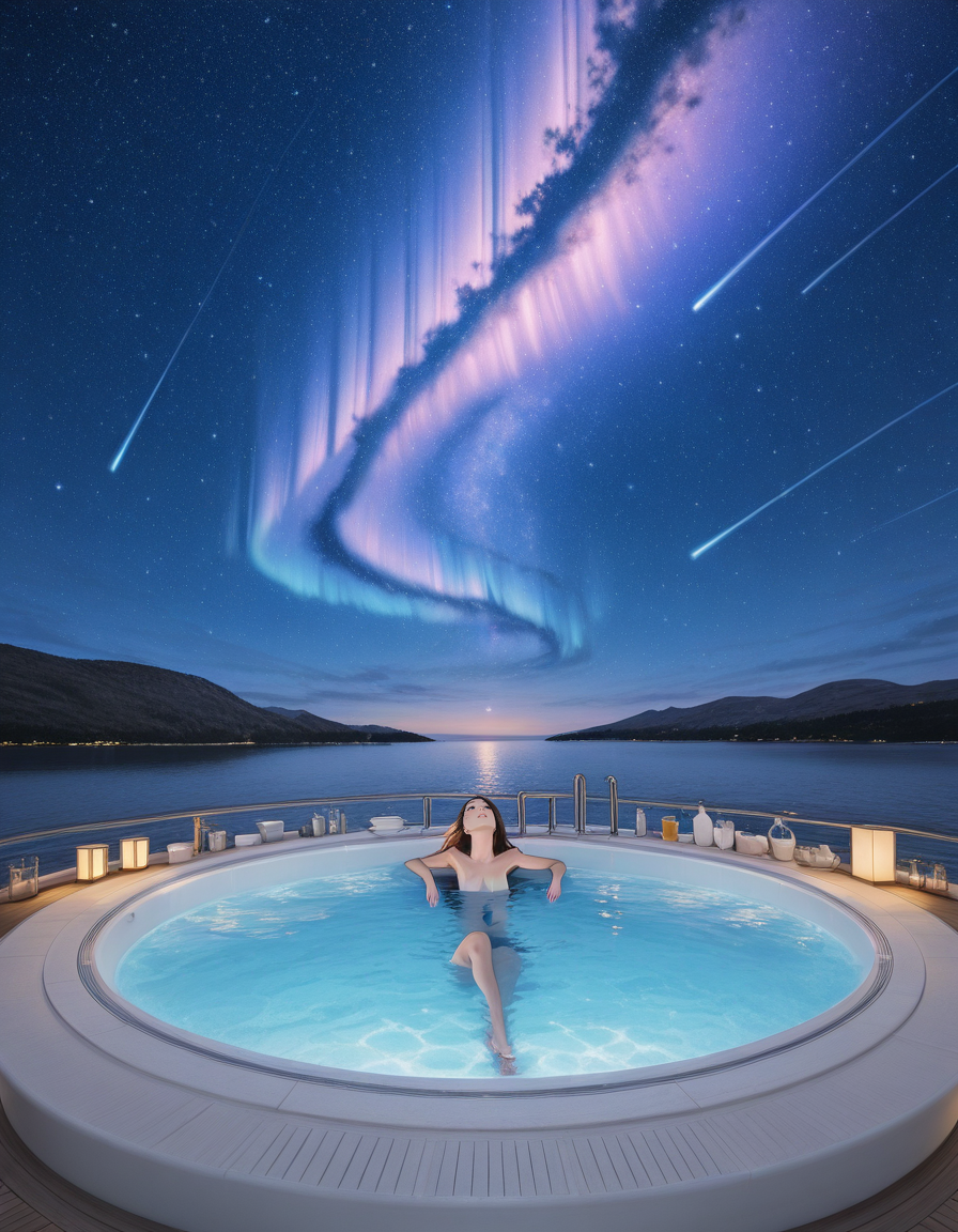 score_7_up, anime BREAK official art, solo, 1girl, one girl, 
BREAK <lora:Luxury_yacht-000008:0.9>, Luxury yacht, 
hottub, bathtub, drink, 
BREAK <lora:Aurora:0.7>, 4uror4, starry sky, aurora, night sky, outdoors, milky way, star (sky), shooting star,
(masterpiece:1.3), best quality, high resolution, unity 8k wallpaper, extremely detailed CG, 8K, (watercolor \(medium\), muted color, sketch:1.1), perfect anatomy, highly finished, masterpiece, best quality, high quality, amazing quality, great quality, very aesthetic, ultra detailed, highres, absurdres, highly detailed, highly detailed background,