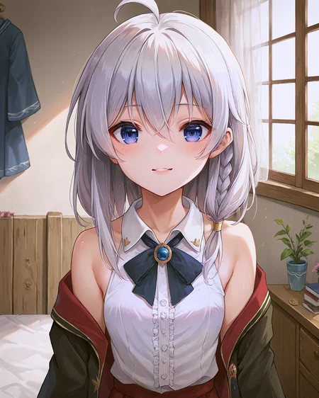 <lora:Majo_Elaina_XL:0.8> elaina, blue eyes, white hair, hair between eyes, long hair, bangs, ahoge, braid, single braid, hair bow, pink bow, jewelry, hair ribbon, bow, shirt, white shirt, collared shirt, sleeveless, sleeveless shirt, bare shoulders, off shoulder, skirt, red skirt, pleated skirt, bare legs, robe, long sleeves, wide sleeves, open clothes, brooch, upper body,, <lora:9_Detail_Tweaker_XL:0.8>, score_9, score_8_up, score_7_up, source_anime, masterpiece, best quality, highly detailed background, cinematic lighting, detailed eyes, perfect face,, lazy, teenager room, messy, bedroom, bed sheet, closet,