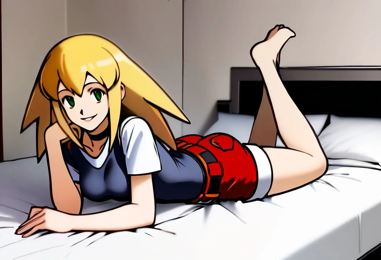 1girl, solo female, Roll Caskett (mega man), <lora:roll_caskett:1>, blonde hair, green eyes, long messy hair with pointed bangs, long side locks and center part hair, black choker, medium breasts, athletic petite female body, red cropped t-shirt vest with giant silver buttons, red short-shorts with belt, barefoot, smooth soles, pretty feet, laying prone on bed with crossed feet up behind head, smiling at viewer,
bedroom,
megaman legends anime style,
NegfeetV2, Perfect Hands, charturnerv2,