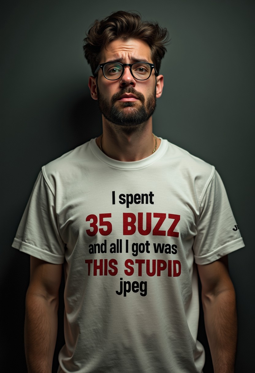 photorealistic sad looking, crying nerdy man wearing a tshirt that says "I spent 35 buzz and all I got was this stupid jpeg"