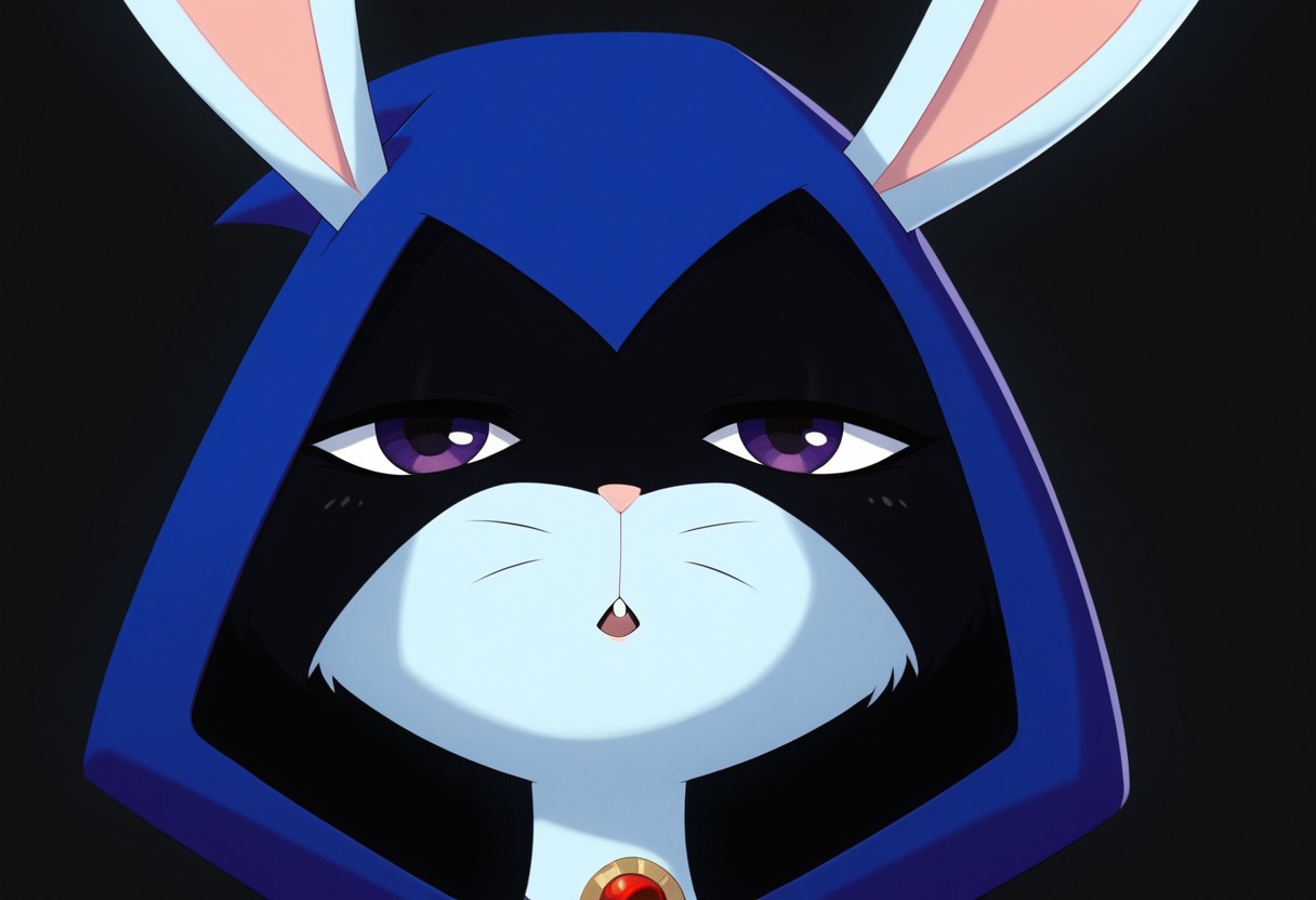 score_9, score_8_up, score_7_up, solo 1girl, solo,  Expressiveh, (BunnyRaven, bunny girl, bunny ears, whiskers, purple eyes, hooded cape, blue cape, feral), cowboy shot, expressionless, standing, black background, female focus, looking at viewer, simple background, 4k, masterpiece, best quality, highly detailed, realistic