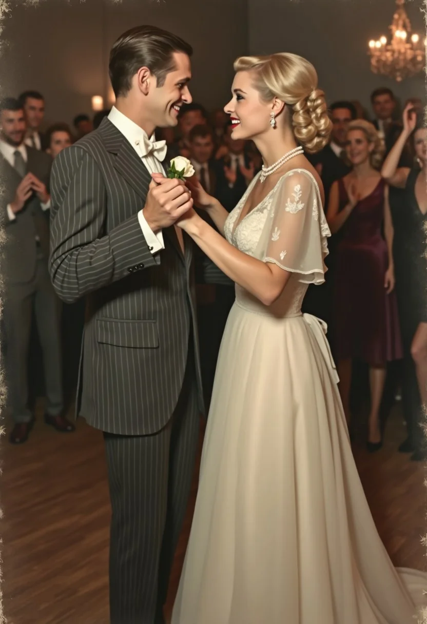 An old style, 1950s photograph of a young couple in their twenties on their wedding day. They are dancing in a smokey dance hell, with dolled up partygoers surrounding the dancing couple watching on happily and cheering. The bride is wearing a (dreamy A-line chiffon wedding dress, with a lace illusion neckline and flutter sleeves:1.4), her blond hair is in soft curls pinned back by pearls and she has on pearl earrings and a pearl necklace. She completes her look with classic sparkling heels and bold romantic makeup with bright red lipstick. She is slow dancing her first dance at the groom, looking up towards his handsome well groomed face and slick gelled back hair. He is wearing a (tailed charcoal grey pinstripe suit with white dress shirt, bowtie and silk pocket square:1.5), he completes his look with Brown brogues. The couple are very much in love, looking deep into each others eyes as they dance together. There is a slight bokeh effect on the photograph giving off the effect that their world is only each other. It is an old photo, a sepia effect giving it a timeless quality, light bleed and high nose and grain from a developed photo kept lovingly on the wall over many years.
