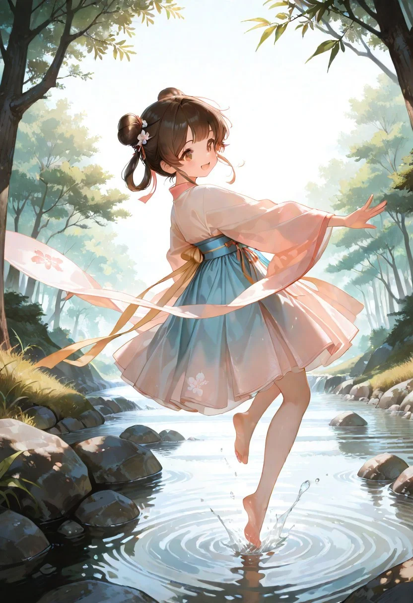 1girl, solo, 4k, hd, ultra detailed, masterpiece, best quality, very aesthetic, absurdres, full body, aesthetic background, detailed background, cute, brown eyes, brown hair, double bun, perfect eyes, beautiful eyes, detailed face, beautiful face, cute hanfu, hanfu, beautiful and exquisite hanfu, detailed hanfu, bare foot, river, dynamic view, dynamic expression, side view, happy, playful, playing in the river,