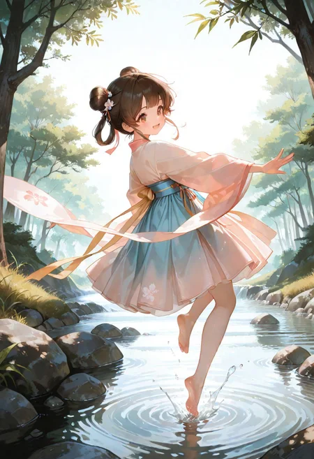 1girl, solo, 4k, hd, ultra detailed, masterpiece, best quality, very aesthetic, absurdres, full body, aesthetic background, detailed background, cute, brown eyes, brown hair, double bun, perfect eyes, beautiful eyes, detailed face, beautiful face, cute hanfu, hanfu, beautiful and exquisite hanfu, detailed hanfu, bare foot, river, dynamic view, dynamic expression, side view, happy, playful, playing in the river,