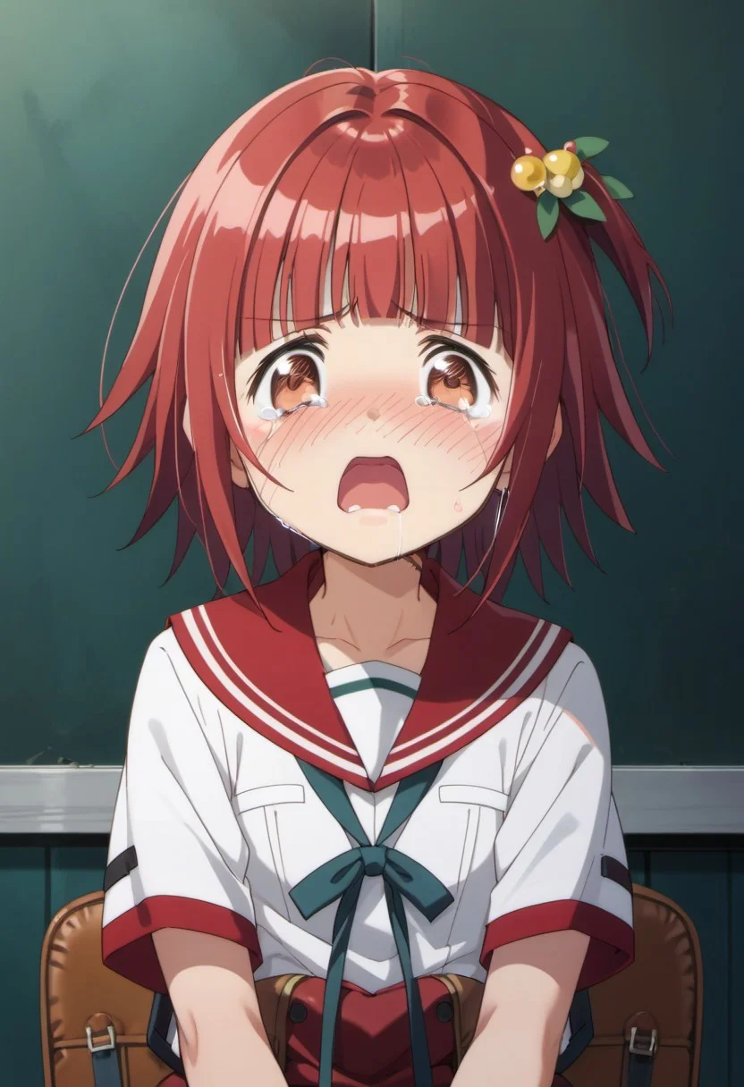 score_9, score_8_up, score_7_up, source_anime, akino kaede, red hair, brown eyes, short hair, 1girl, school uniform, tears, open mouth, solo, crying, serafuku, blush, crying with eyes open, hair ornament, blunt bangs, dark, red sailor collar, shirt