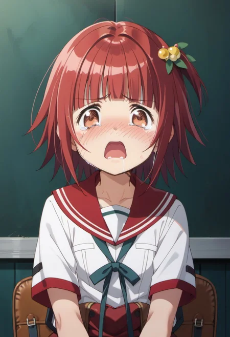 score_9, score_8_up, score_7_up, source_anime, akino kaede, red hair, brown eyes, short hair, 1girl, school uniform, tears, open mouth, solo, crying, serafuku, blush, crying with eyes open, hair ornament, blunt bangs, dark, red sailor collar, shirt