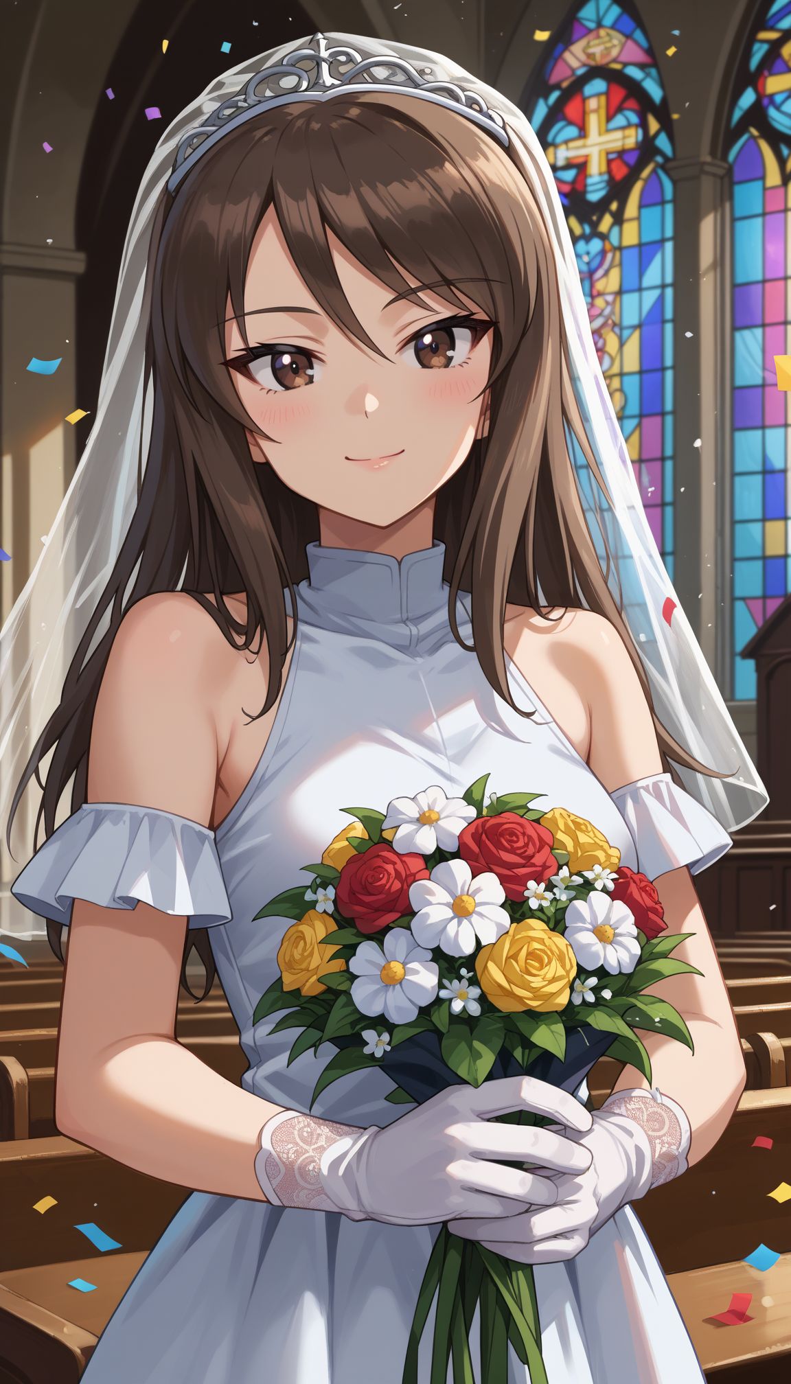 score_9, score_8_up, score_7_up, source_anime, ,
 <lora:GUPMika:0.8> AAMIka , 1girl, mika (girls und panzer), long hair, brown hair, brown eyes, indoors, church, stained glass, whie veil, laced gloves, upper body, close portrait church, holding bouquet, (confetti:1.1), smile, white dress, wedding dress, church, holding bouquet, (confetti:1.1)